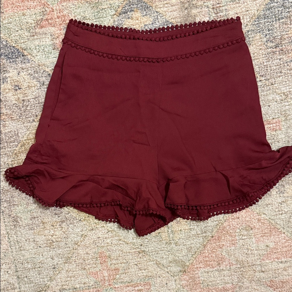 NWT J.O.A. High Waist Burgundy Shorts with Pom Pom Hem